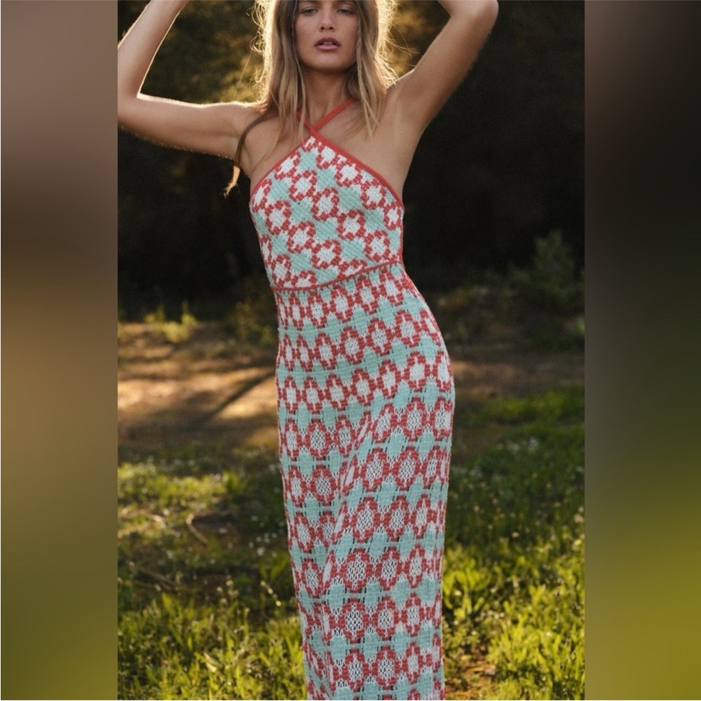 New Zara Red and White Crochet Halter Dress GEOMETRIC PRINT KNIT HALTER